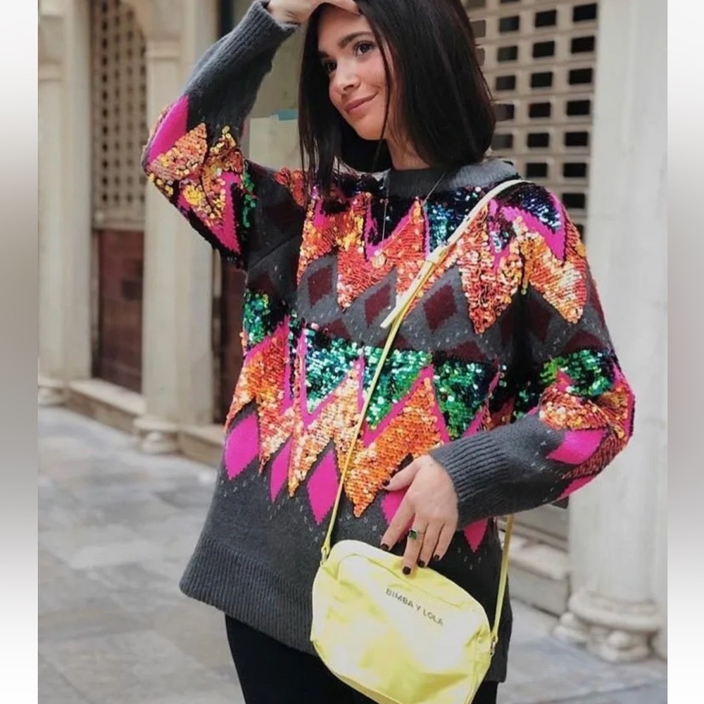 ZARA MULTICOLOR OVERSIZED SEQUIN SWEATER RARE MEDIUM M - Picture 10 of 16